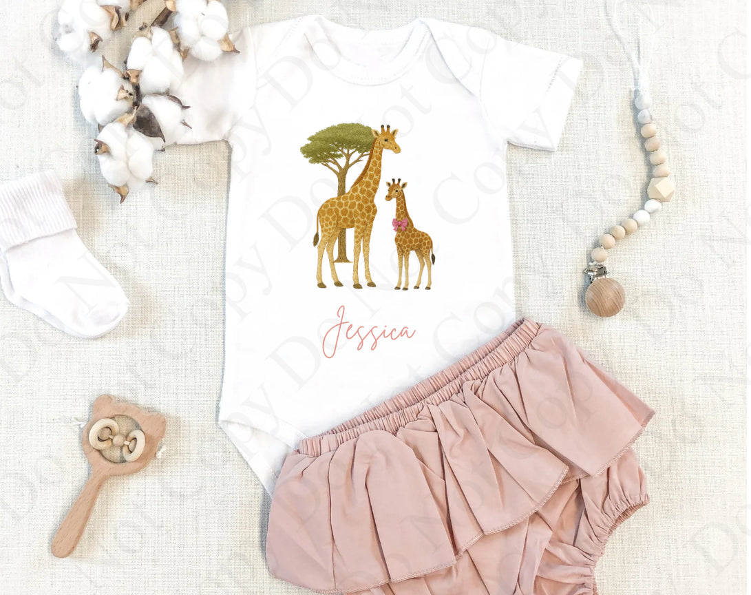 DTF Fabric - Giraffe & Mum with Pink Bow Tie