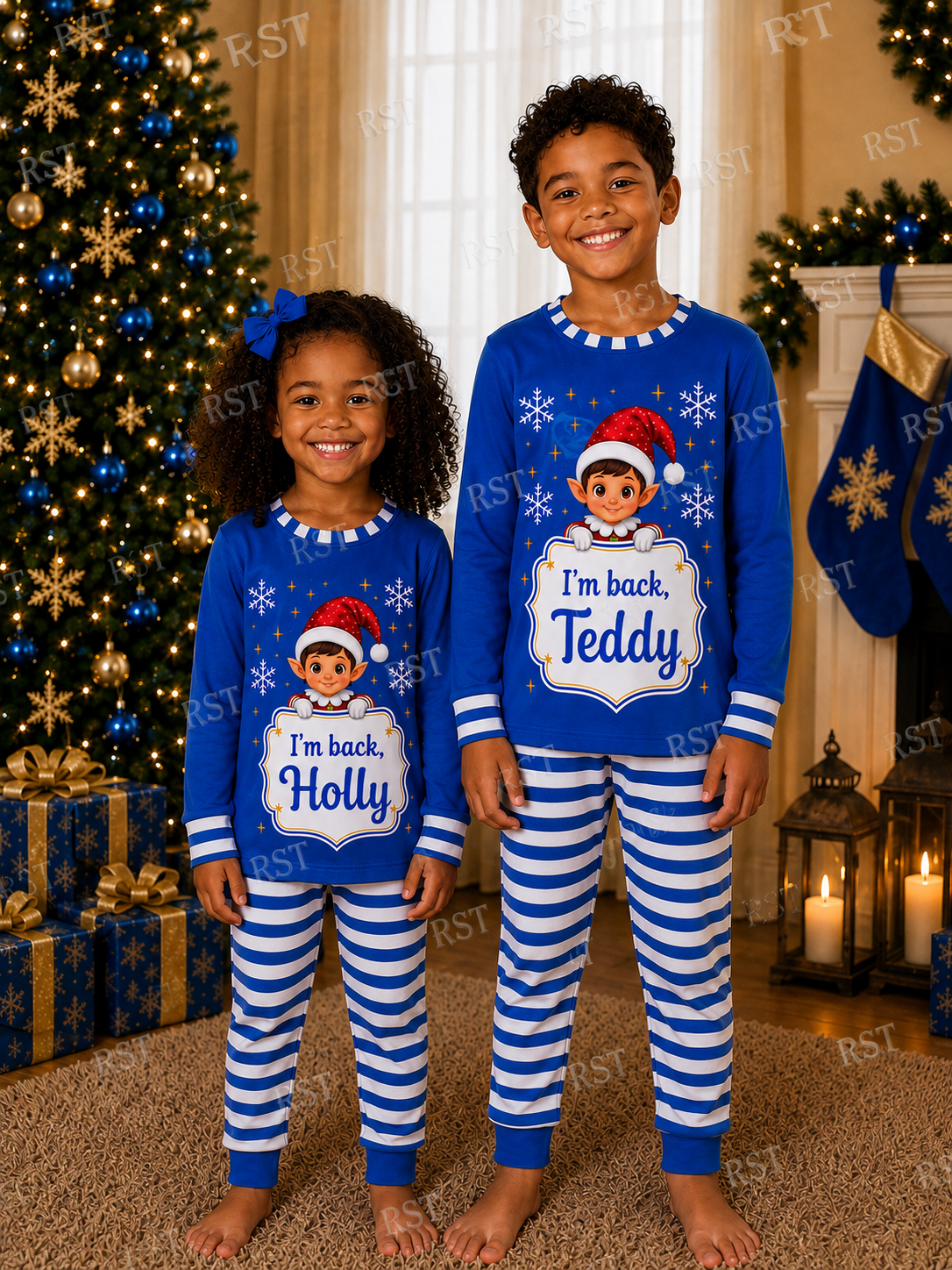 Royal Blue and White Family Elf Pyjamas (NO WRITING ON BOARD) Pre-Order due end October