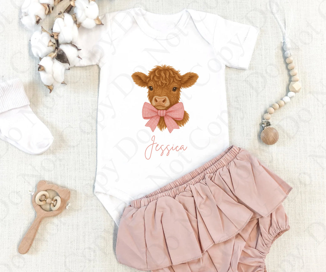 DTF Fabric - Highland Cow with Pink Bow Tie