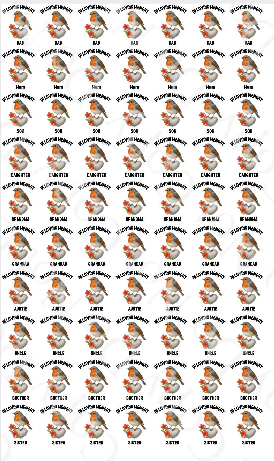 OFFER Robins - In Loving Memory - Sheet of 70 4cm decals
