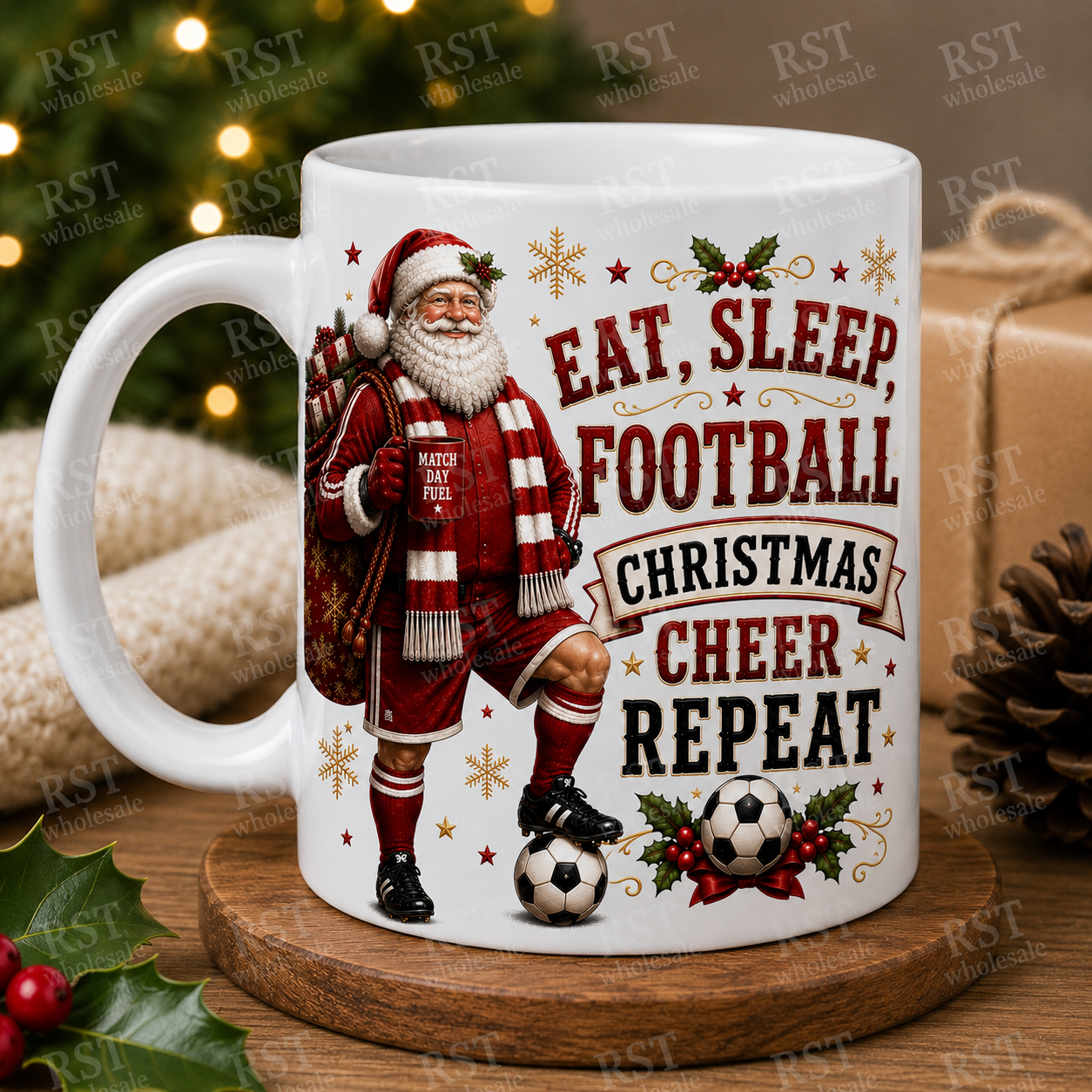 UV DTF - Santa Football - Eat, Sleep, Football, Christmas Cheer, Repeat