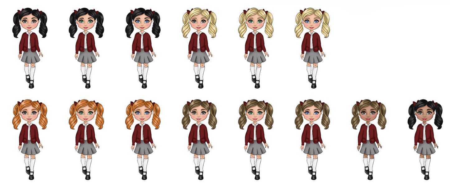 DTF Fabric - Girl School Uniform - Burgundy Cardigan, White Polo and Grey Skirt .