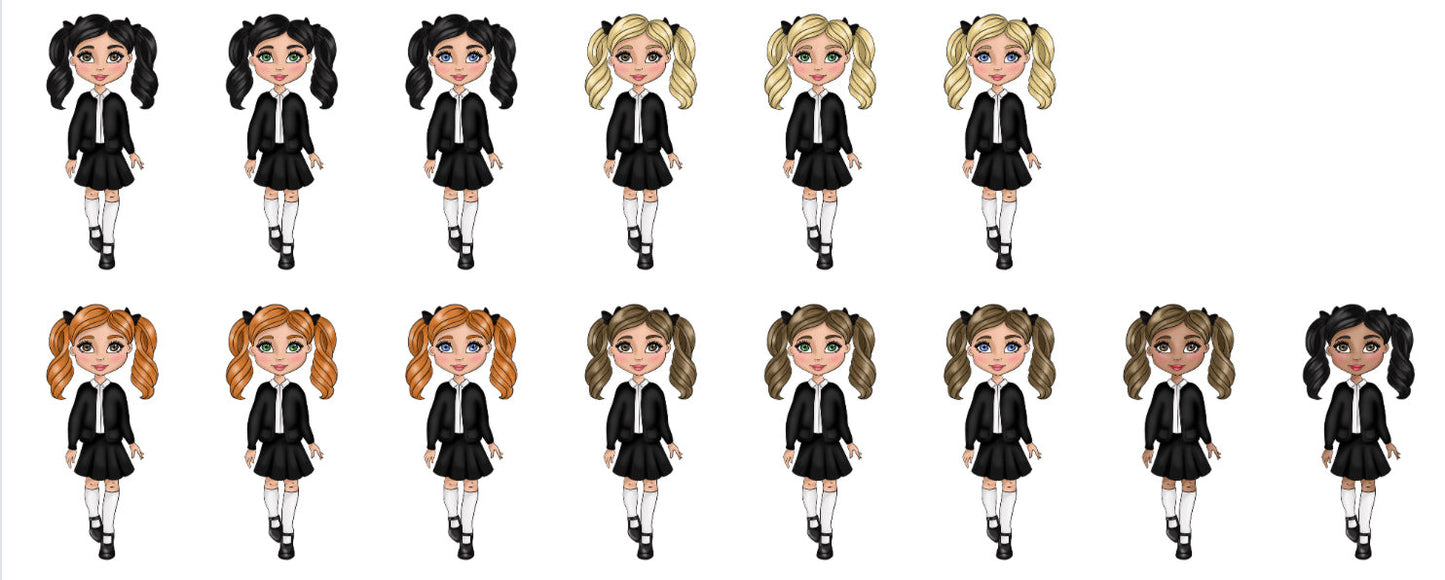 UV - Girl School Uniform - Black Cardigan, White Polo and Black Skirt.