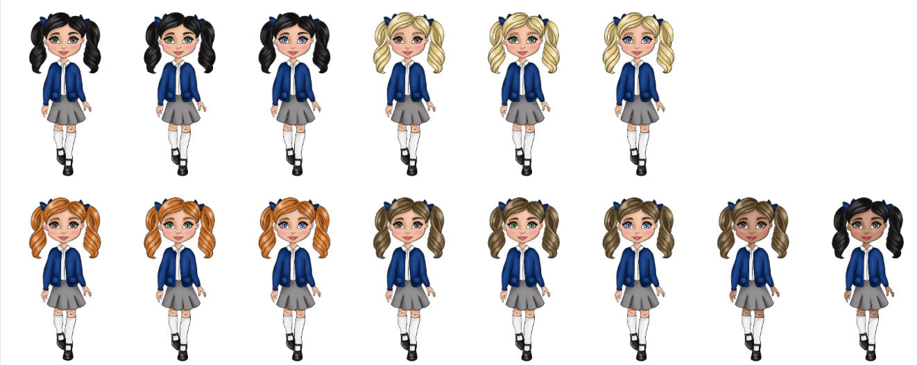UV - Girl School Uniform - Navy Cardigan, White Polo and Grey Skirt.