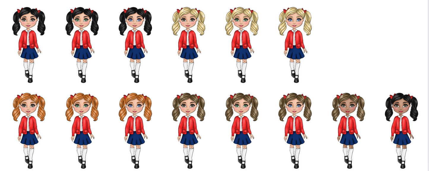 UV - Girl School Uniform - Red Cardigan, White Polo and Blue Skirt.
