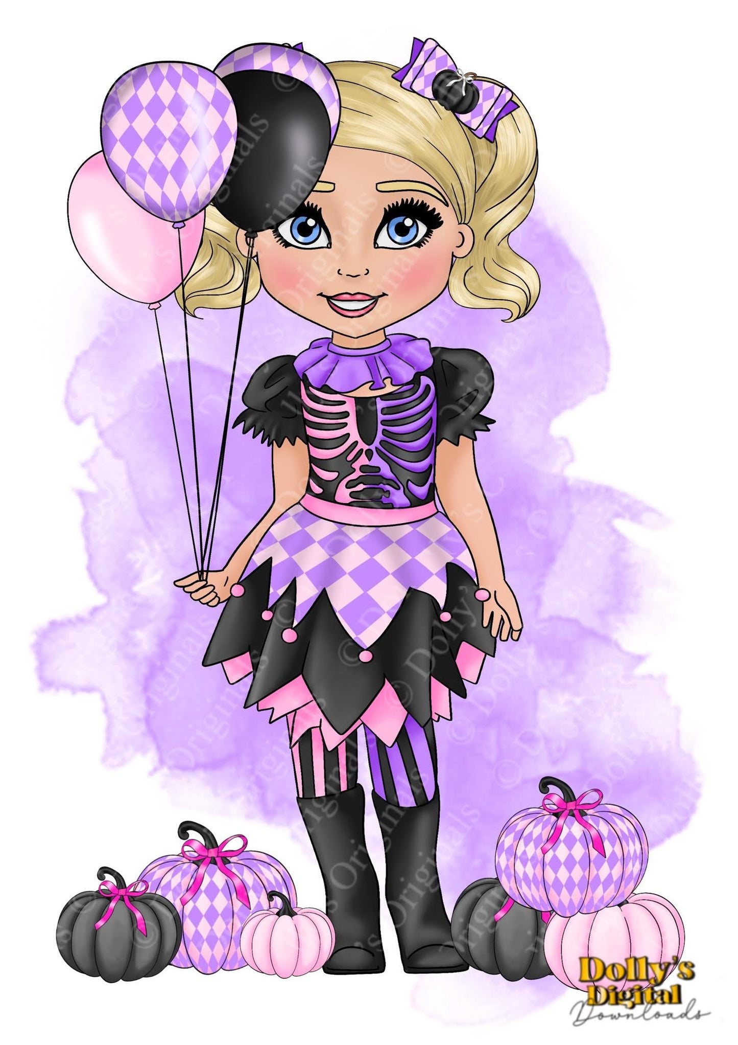 UV Pink and Purple Harlequin Clown Dolly