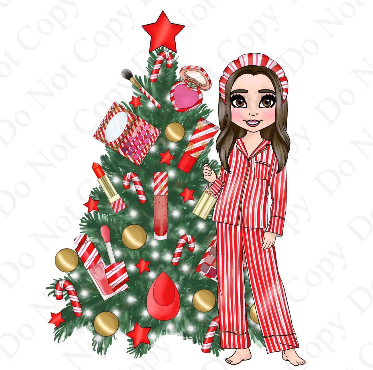 DTF Fabric - Candy Cane Makeup Dolly with Tree Background