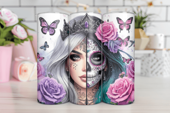 Sublimation Print - Female Skull Face and Butterflies (20oz)