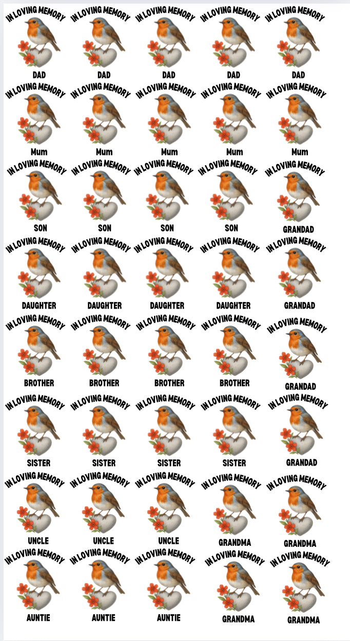 OFFER Robins - In Loving Memory - Sheet of 40 x 6cm decals