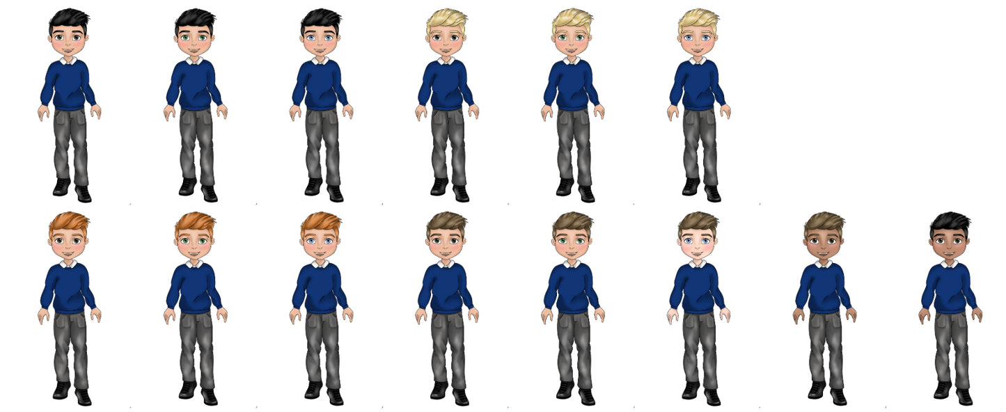 UV - Boy School Uniform - Navy Jumper, White Polo and Grey Trousers .