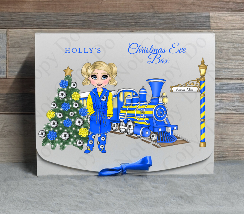 Dolly Gift Box - Girl - Blue and Yellow Football Train (Name with Wording Optional)