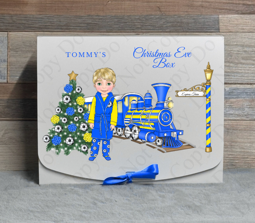 Dolly Gift Box - Boy - Blue and Yellow Football Train (Name with Wording Optional)