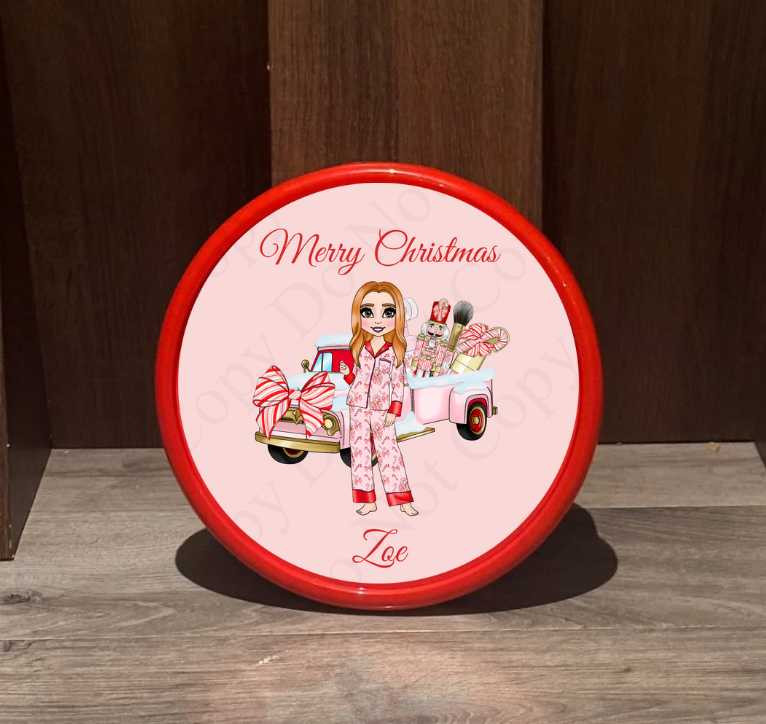 Chocolate Tub Sticker - Candy Cane Bows Dolly (Truck/Makeup background)