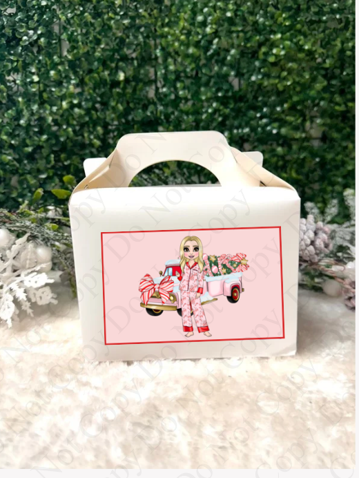 Treat Box Sticker - Candy Cane Bows Dolly (Truck/Tree background)