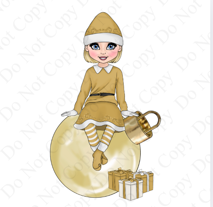 DTF Fabric - Gold Cheeky Elf Sitting Girl Dolly