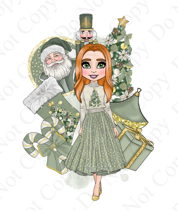 DTF Fabric - Sage, Cream and Gold Christmas Tree Jumper Doll