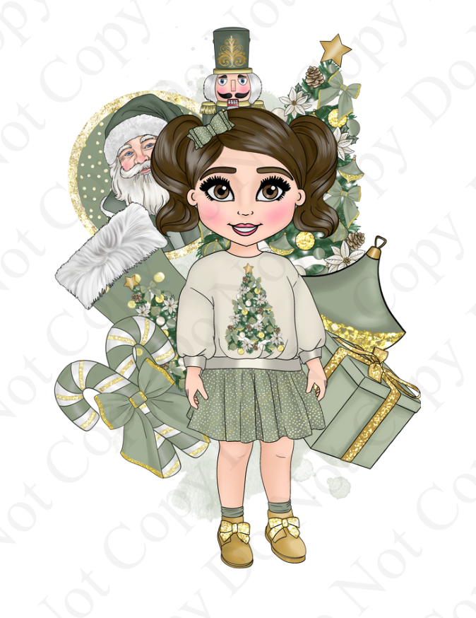DTF Fabric - Sage, Cream and Gold Christmas Tree Jumper Toddler Girl Dolly