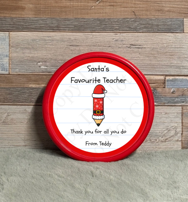Chocolate Tub Sticker - Santa's Favourite Teacher - Pencil (red ring)