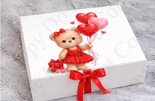 DTF Fabric - RST Valentines Red Girl Bear - With Balloons