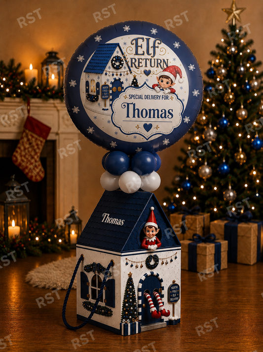Large Dark Blue and White Elf Return Box and 18inch Balloons PRE-Order due September