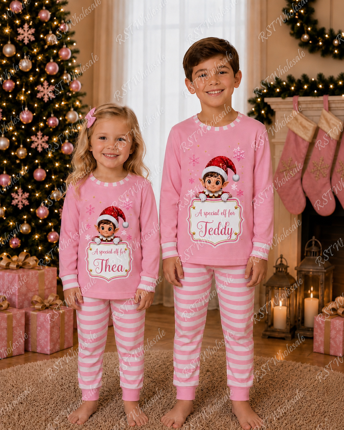 Pink and White Family Elf Pyjamas (NO WRITING ON BOARD)  Pre-Order due end October