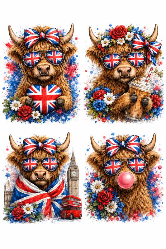 DTF Fabric - Union Jack Highland Cows