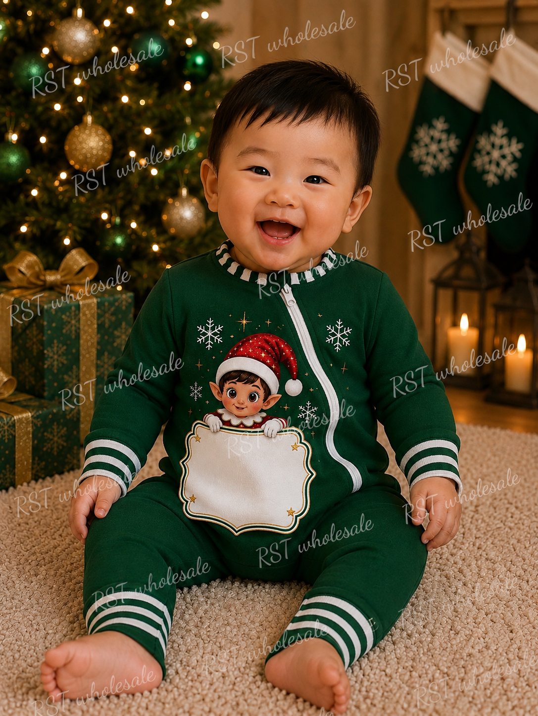 Green and White Family Elf Pyjamas (NO WRITING ON BOARD)  Pre-Order due end October
