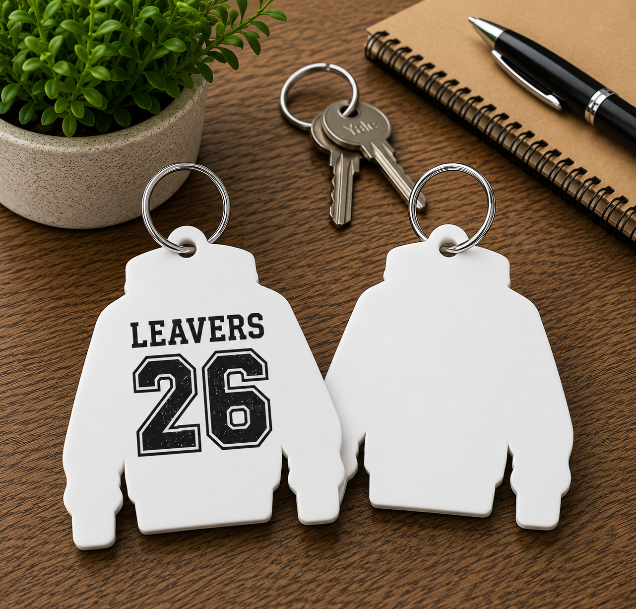 White Acrylic Leavers Hoody Keyring - UV optional (Can be sublimated on)