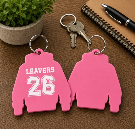 Pink Acrylic Leavers Hoody Keyring - UV optional
