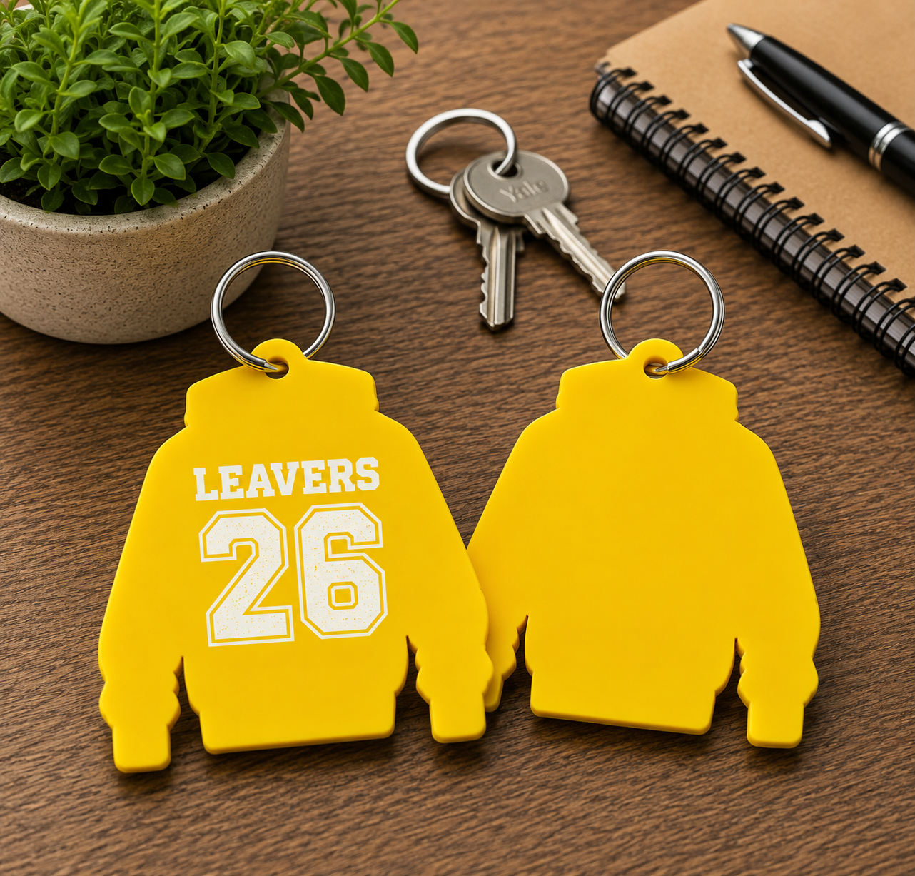 Yellow Acrylic Leavers Hoody Keyring - UV optional