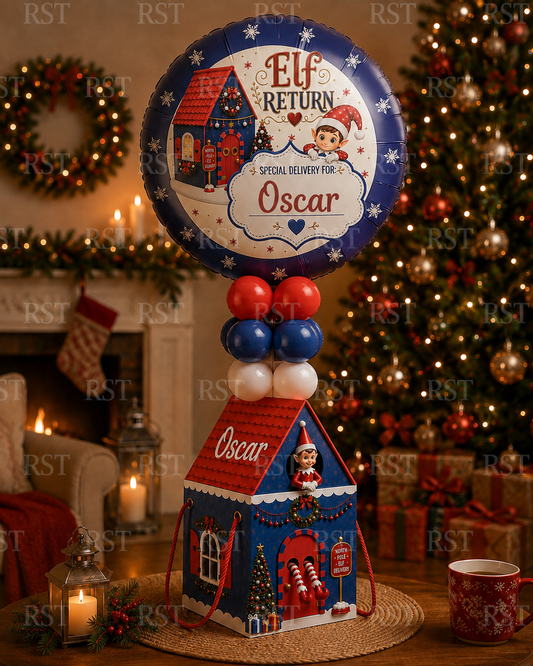 Large Dark Blue and Red Elf Return Box and 18inch Balloons PRE-Order due September