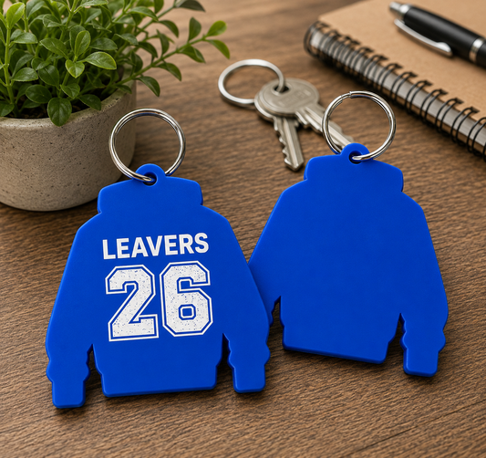 Blue Acrylic Leavers Hoody Keyring - UV optional