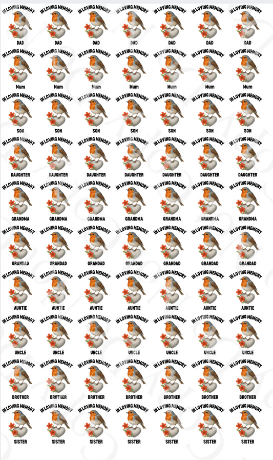 OFFER Robins -  In Loving Memory - Sheet of 70 4cm decals