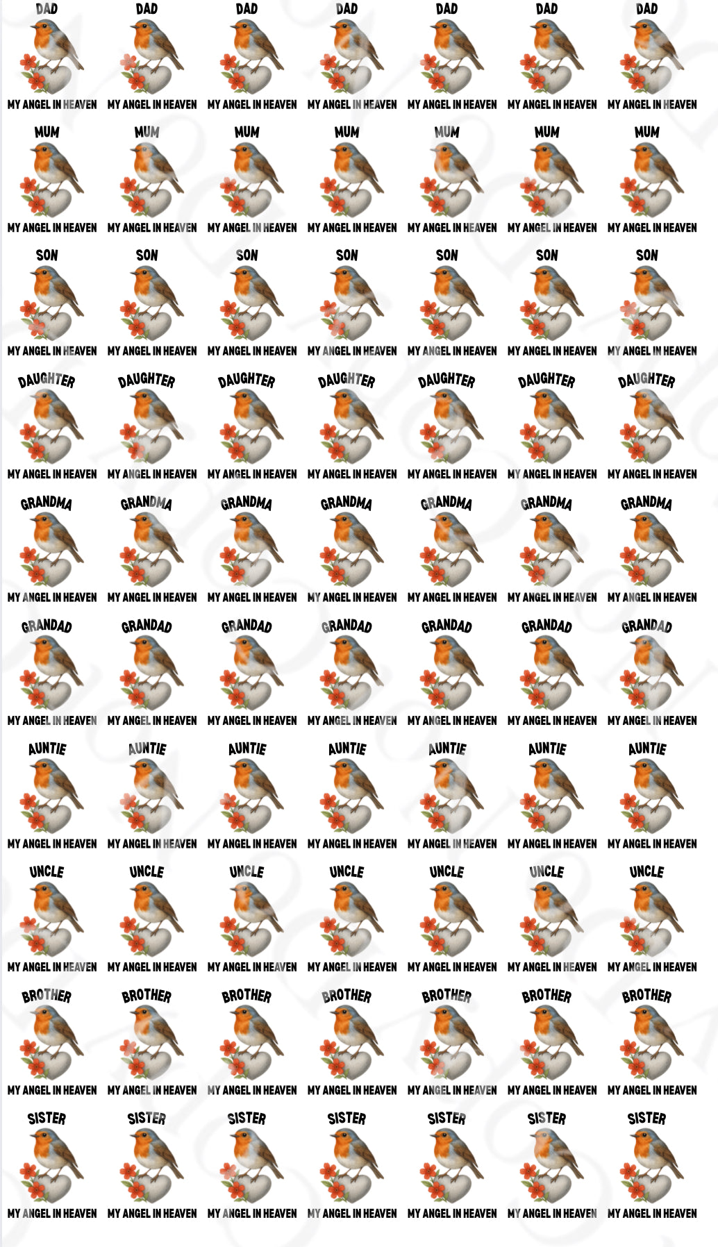 OFFER Robins -  My Angel In Heaven - Sheet of 70 4cm decals