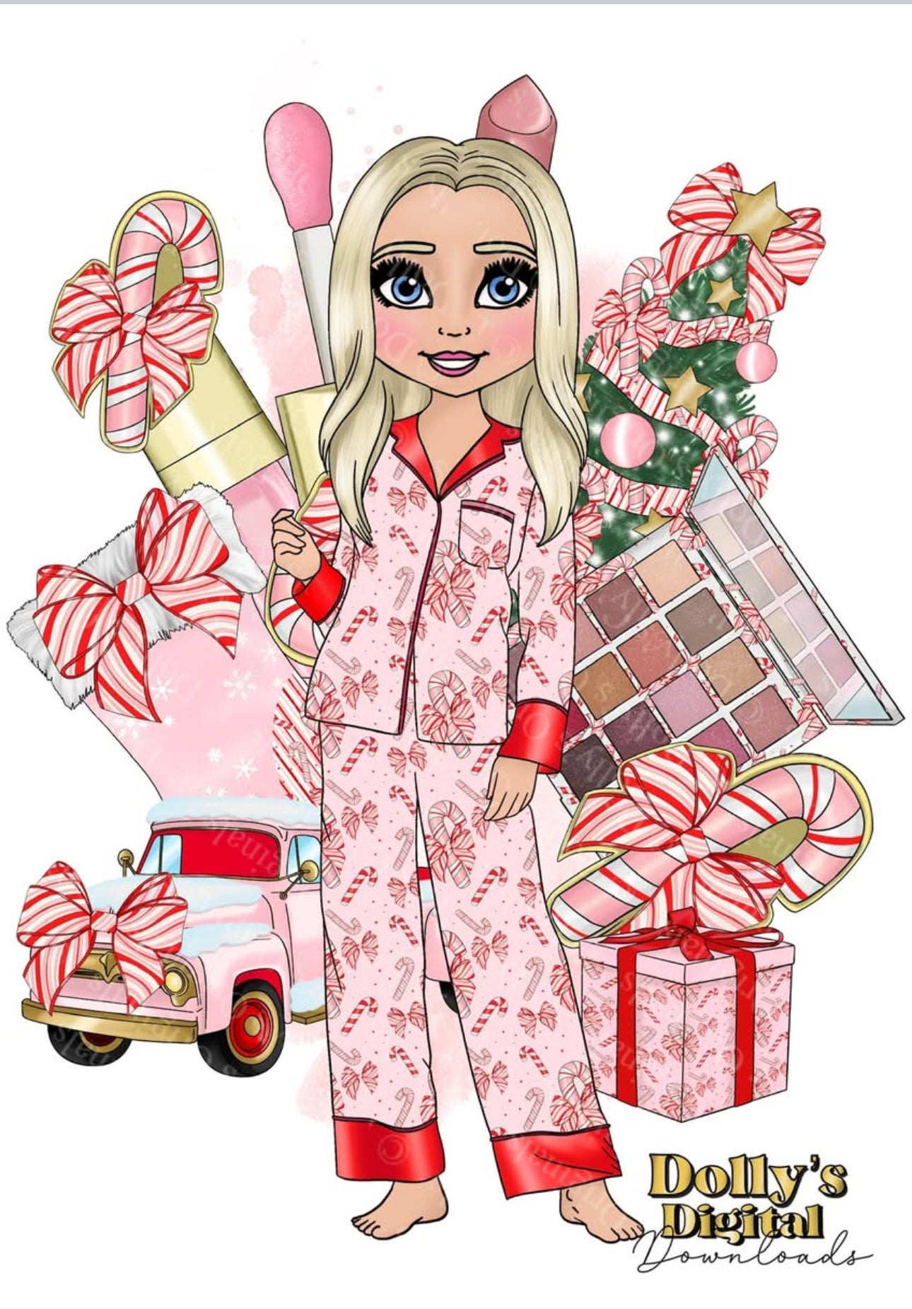 DTF Fabric - Candy Cane Bows Dolly with Makeup