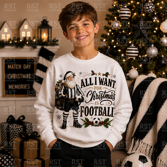 DTF Fabric - Santa Football - All I Want For Christmas is Football (Black and White)