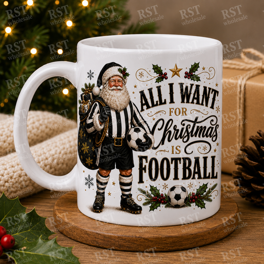 UV DTF - Santa Football - All I Want For Christmas is Football (Black and White)