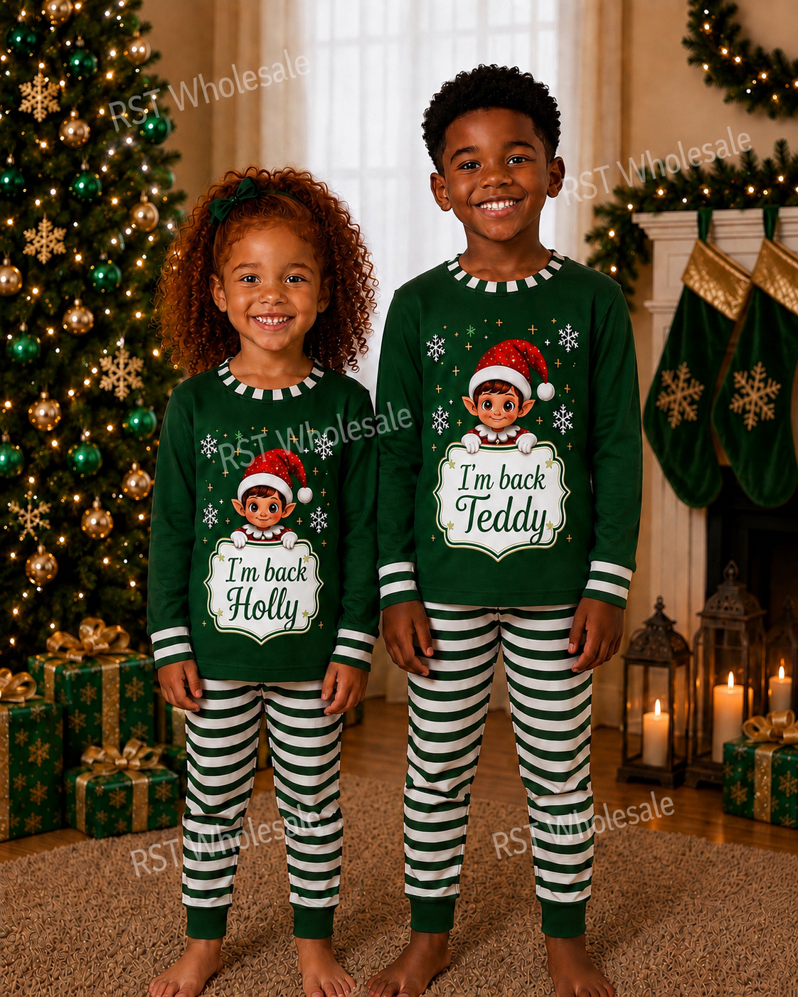 Green and White Family Elf Pyjamas (With Custom Writing)  Pre-Order due end October