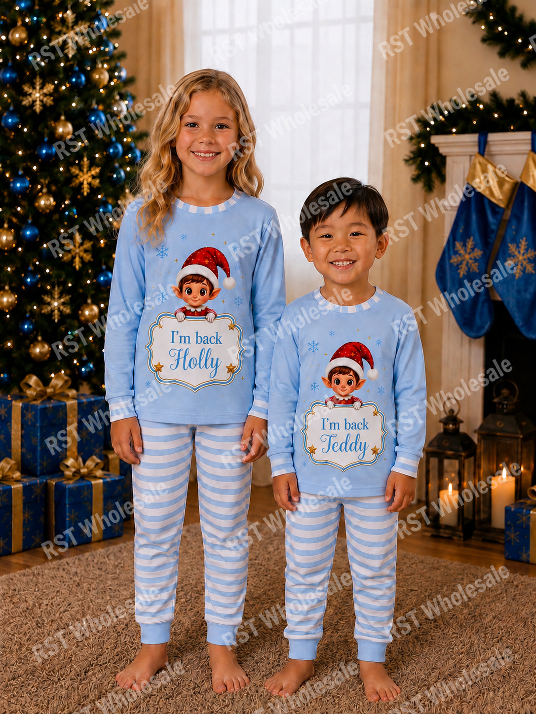 Light Blue and White Family Elf Pyjamas (With Custom Writing)  Pre-Order due end October