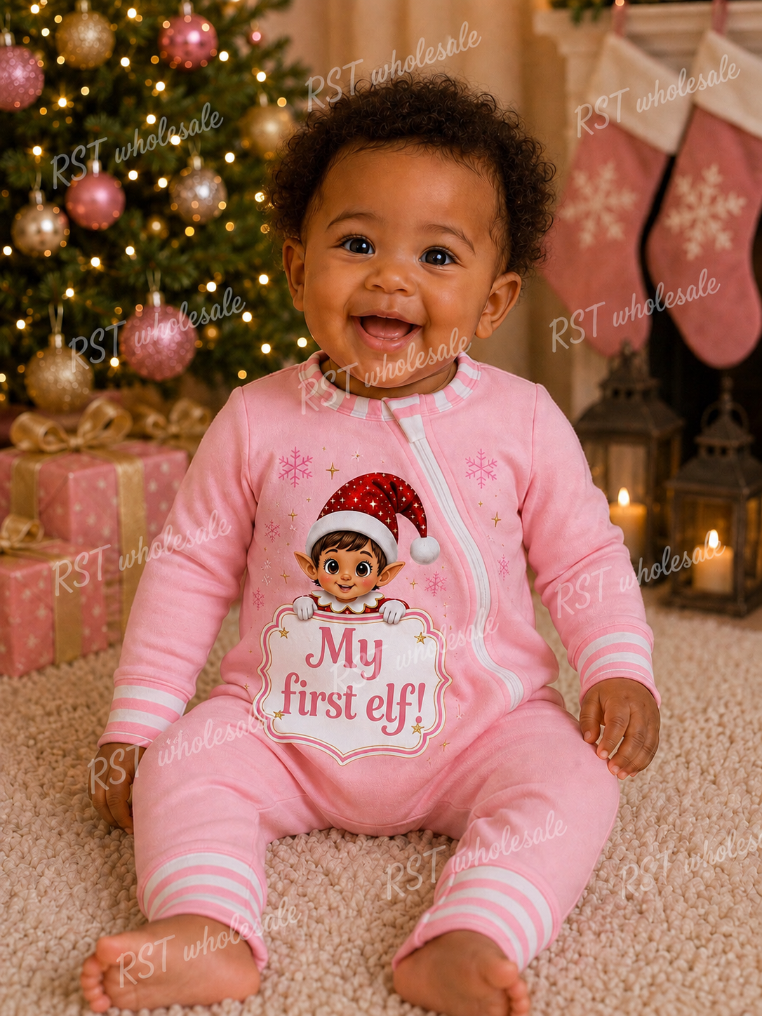 Pink and White Family Elf Pyjamas (NO WRITING ON BOARD)  Pre-Order due end October