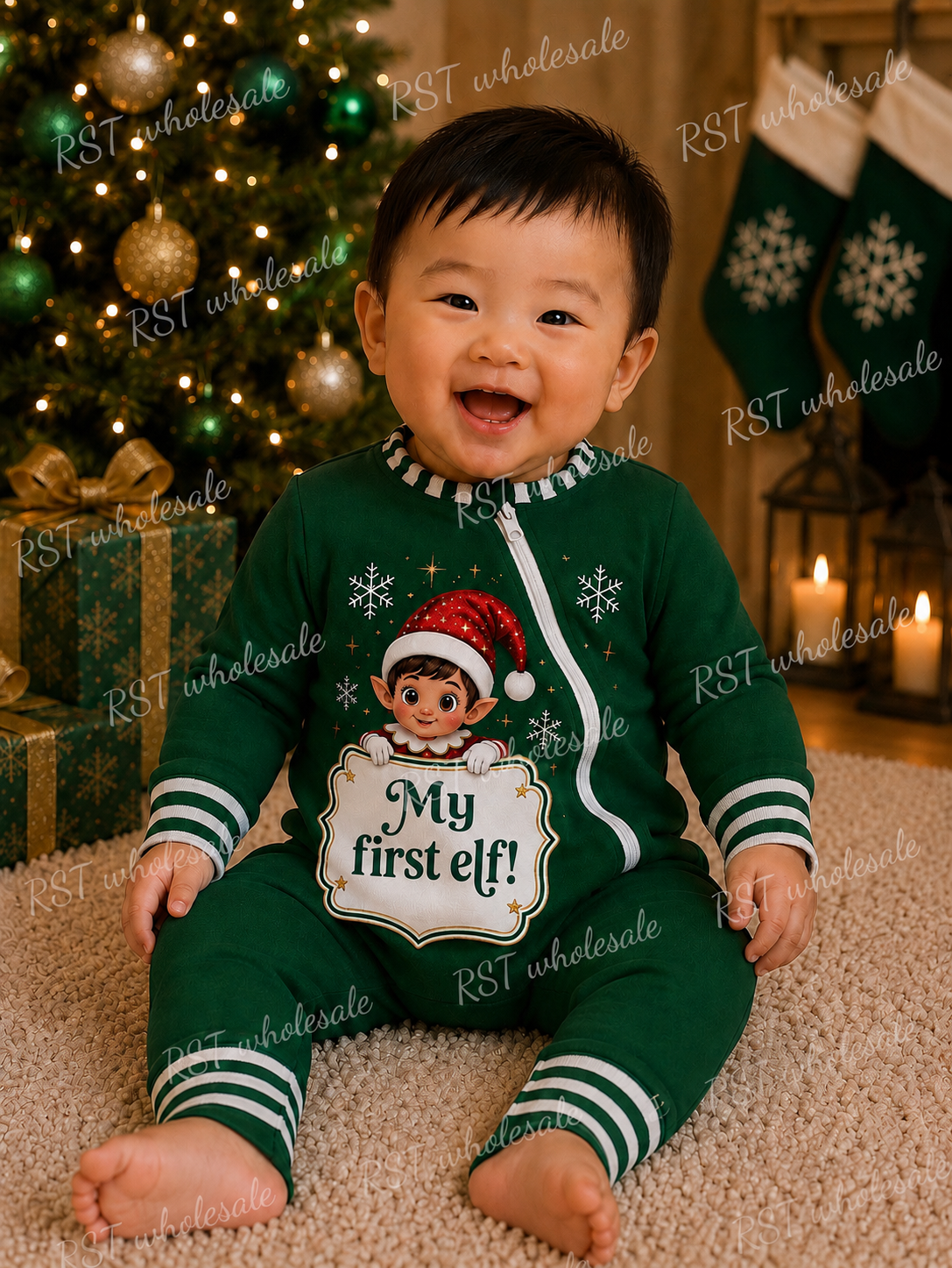 Green and White Family Elf Pyjamas (NO WRITING ON BOARD)  Pre-Order due end October