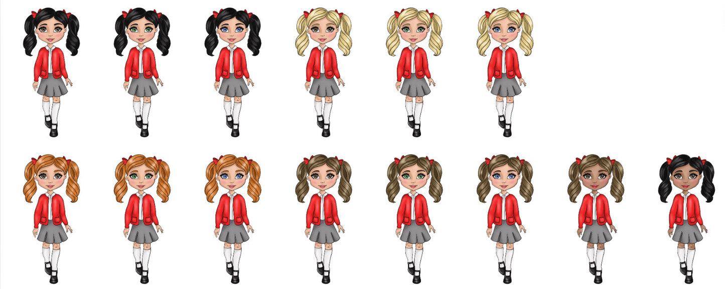 UV - Girl School Uniform - Red Cardigan, White Polo and grey Skirt .