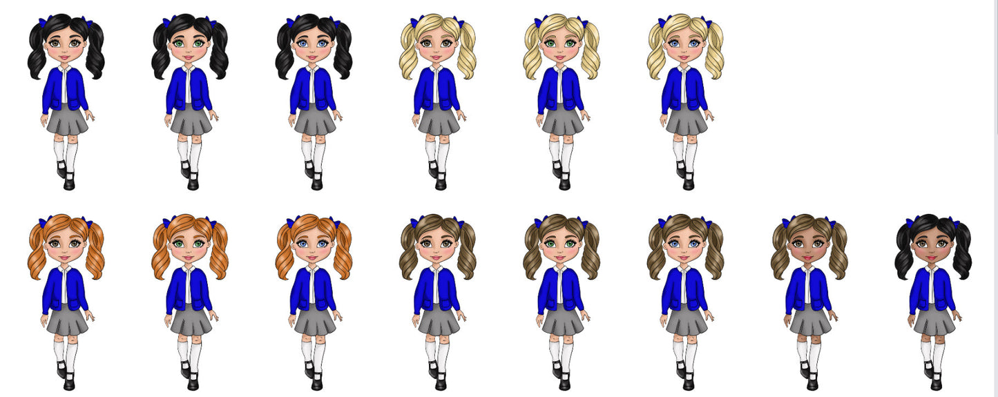 DTF Fabric - Girl School Uniform - Blue Cardigan, White Polo and Grey Skirt .