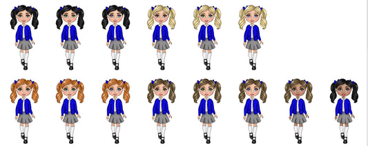 DTF Fabric - Girl School Uniform - Blue Cardigan, White Polo and Grey Skirt .