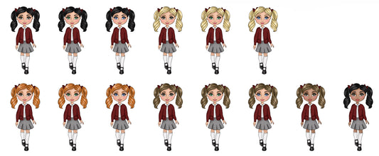 DTF Fabric - Girl School Uniform - Burgundy Cardigan, White Polo and Grey Skirt .