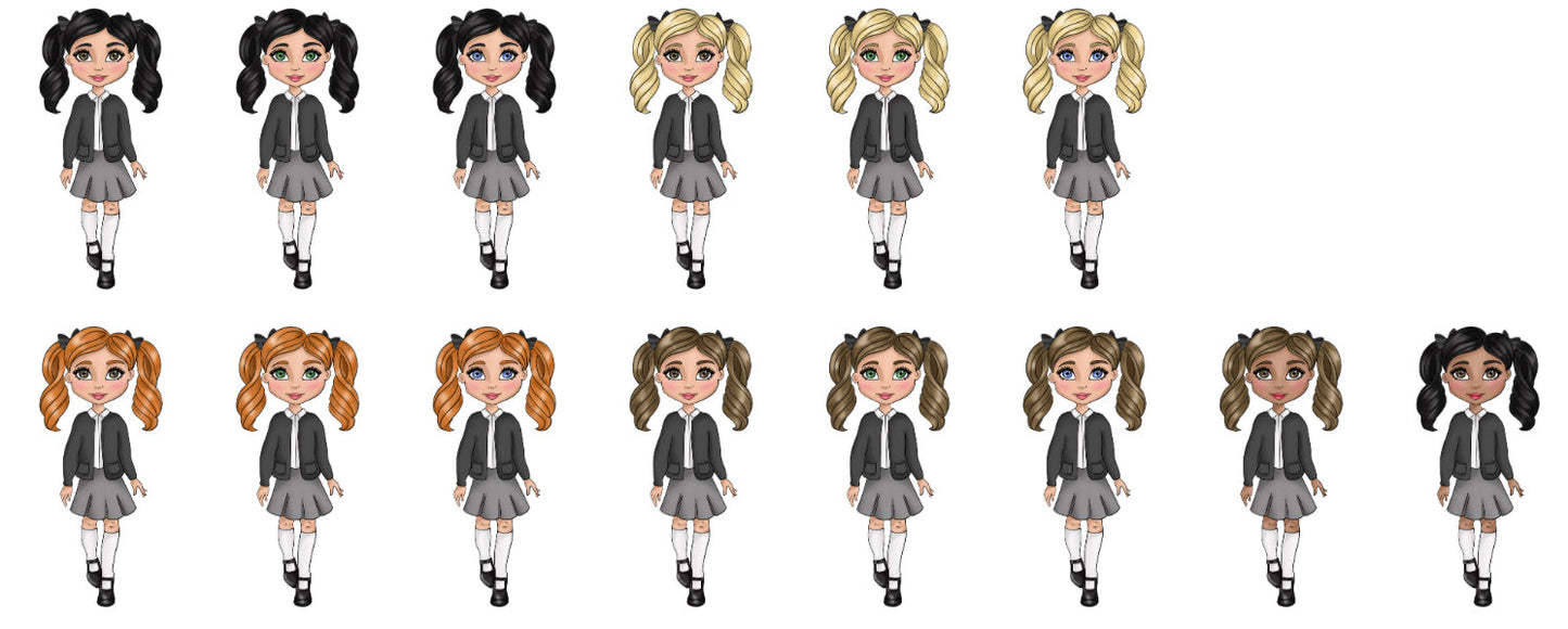 UV - Girl School Uniform - Grey Cardigan, White Polo and Grey Skirt .