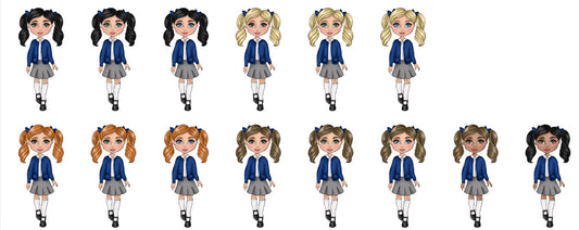 UV - Girl School Uniform - Navy Cardigan, White Polo and Grey Skirt.