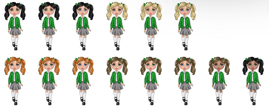 UV - Girl School Uniform - Green Cardigan, White Polo and Grey Skirt .
