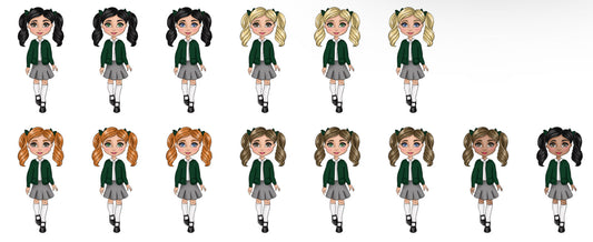DTF Fabric - Girl School Uniform - Dark Green Cardigan, White Polo and Grey Skirt .