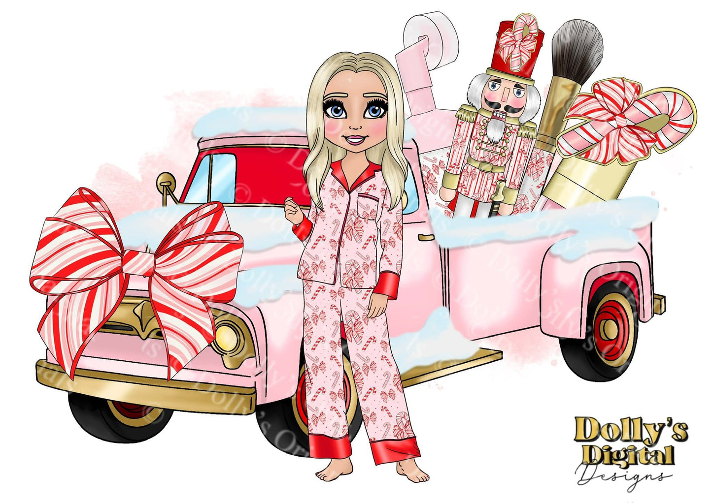 DTF Fabric - Candy Cane Bows Dolly with Truck and Makeup in boot